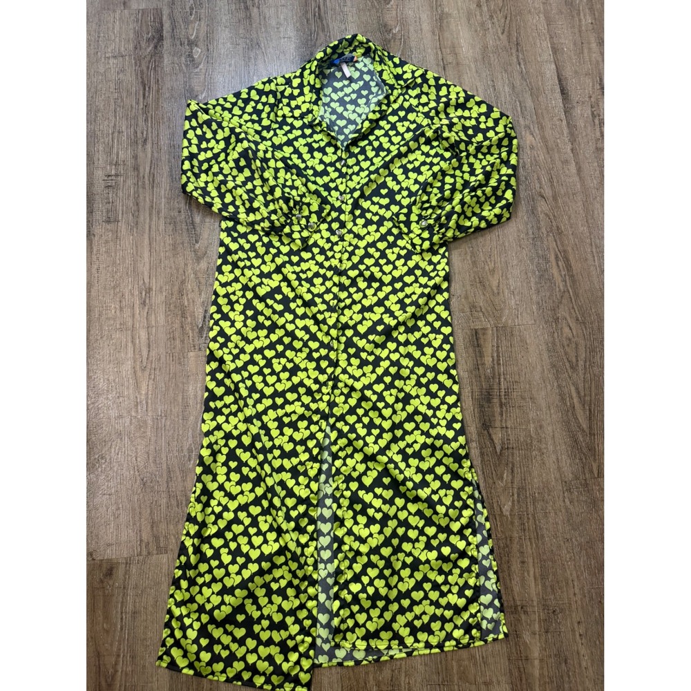 Cras Copenhagen Neon Lime Green Heart Print Midi Shirt Dress Size 38 US 6-8